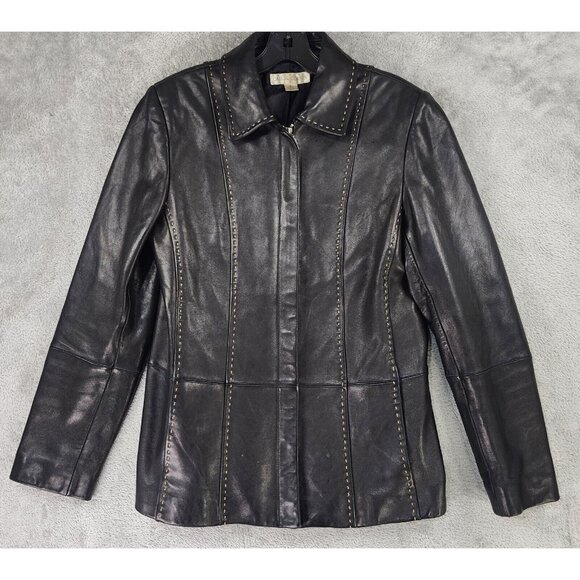 Casual Corner Jackets & Blazers - Casual Corner Leather Jacket Womens Small Black Retro Full Zip Long Sleeve Top